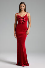 Lade Bild in die Galerieansicht, Elay Halter Bow Velvet Maxi Dress