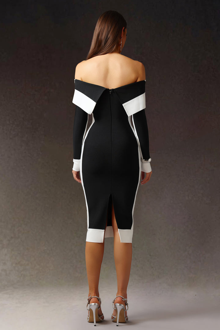 Robe Midi Bandage Épaules Dénudées Manches Longues Rayures Mattey