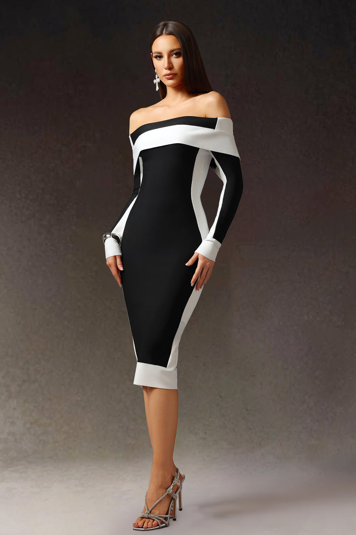 Robe Midi Bandage Épaules Dénudées Manches Longues Rayures Mattey