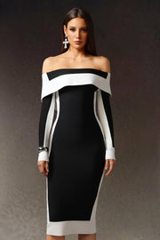 Robe Midi Bandage Épaules Dénudées Manches Longues Rayures Mattey