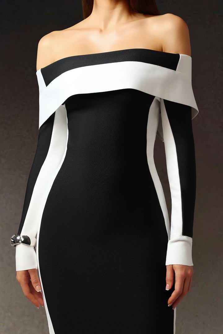 Robe Midi Bandage Épaules Dénudées Manches Longues Rayures Mattey