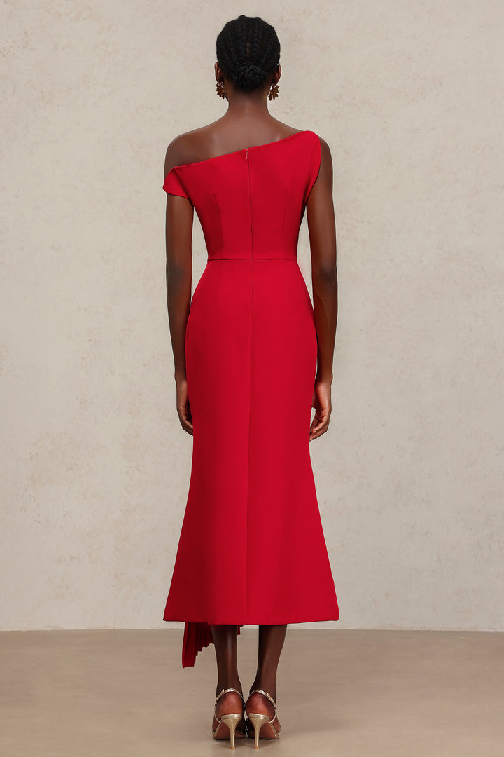 Jillian Oblique Shoulder Sleeveless Folds Midi Dress
