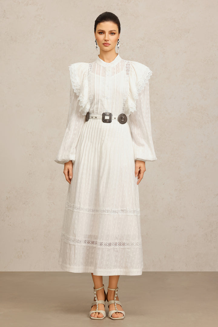 Ditala Long Sleeves Lace Folds Top And Skirt Two-Piece Set