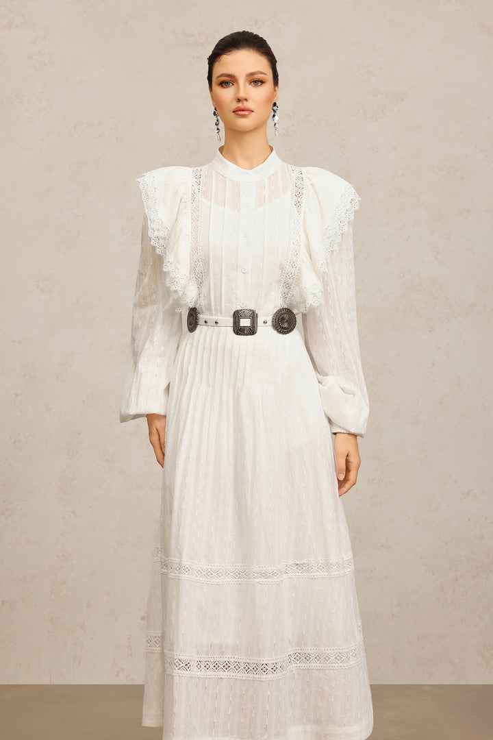 Ditala Long Sleeves Lace Folds Top And Skirt Two-Piece Set