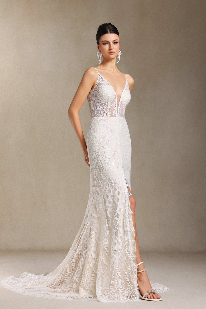 Vallea Lace V-neck Backless Slit Trailing maxi dress