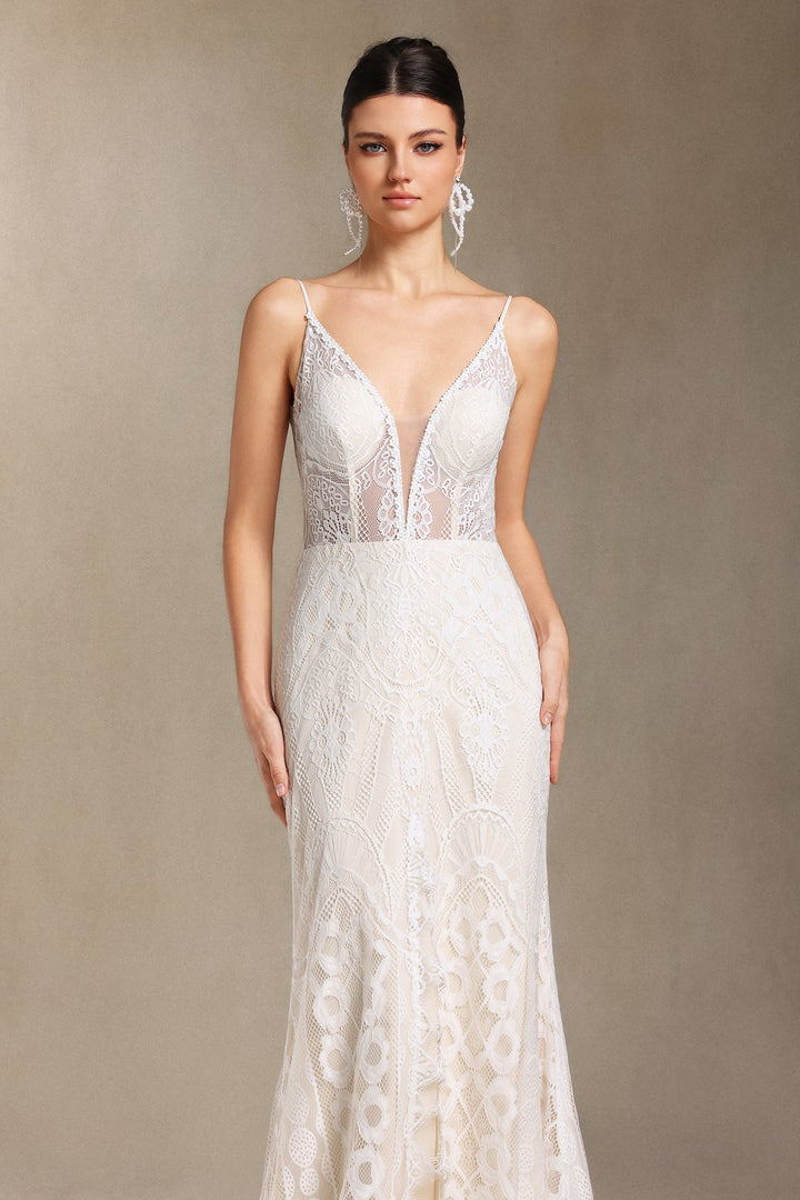 Vallea Lace V-neck Backless Slit Trailing maxi dress