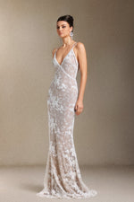 Load image into Gallery viewer, Thea Sling V-neck Sequins Lace maxi wedding dress