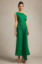 Load image into Gallery viewer, Paulina Oblique Shoulder Sleeveless Folds Green Midi Dress