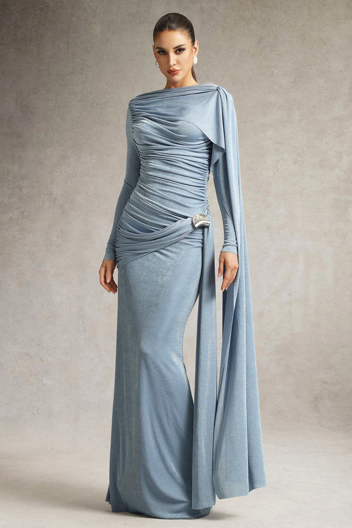 Robe longue Tihila froncée à manches longues bleu