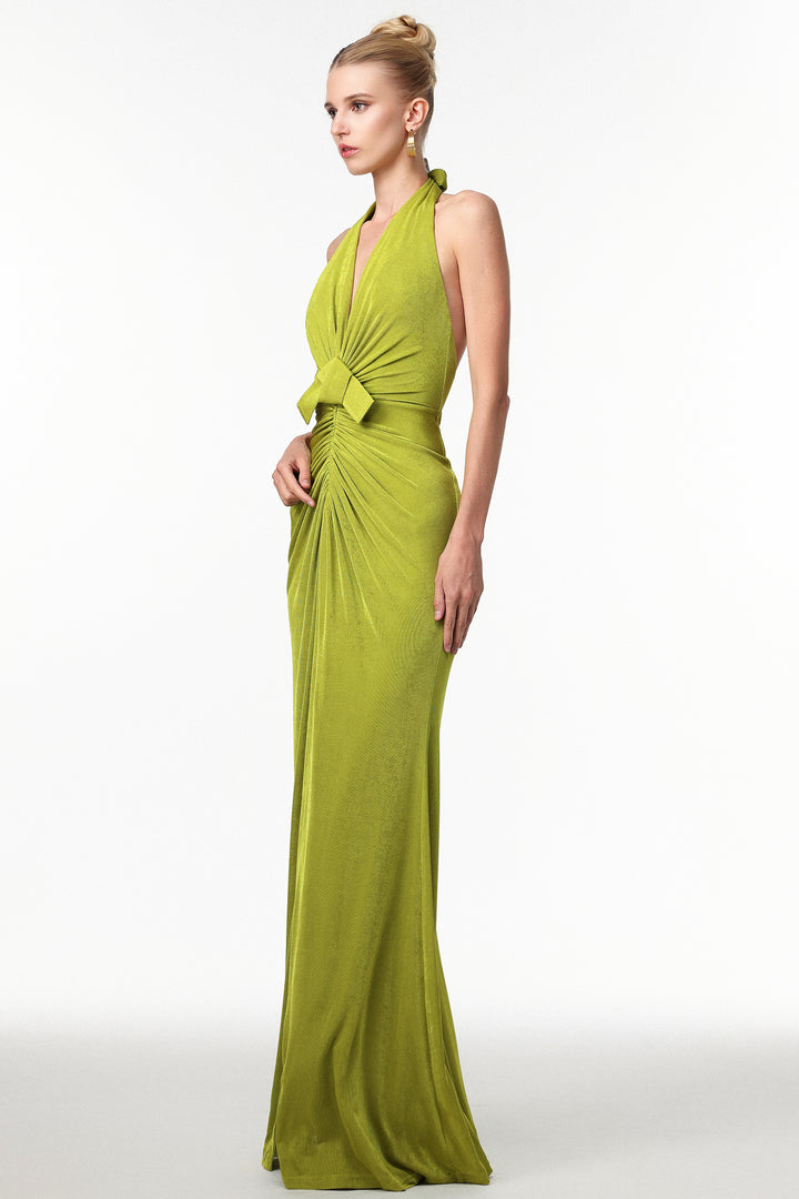Jalila Sexy Contour V Neck Ruched Knot Slit Knit Maxi Dress