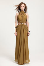 Charger l'image dans la visionneuse de la Galerie, High-Neck Braided Cut-Out Draped Chiffon Maxi Dress
