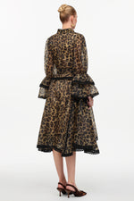Load image into Gallery viewer, Uhren Resort Flowy V-Neck Long Sleeve Falbala Lace Woven Leopard Print Mini Dress