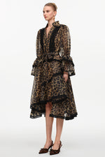 Load image into Gallery viewer, Uhren Resort Flowy V-Neck Long Sleeve Falbala Lace Woven Leopard Print Mini Dress