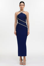 Charger l'image dans la visionneuse de la Galerie, Robe longue gainante moulante bleue Kailani Classic Contour à licou et strass