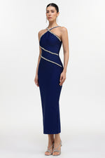 Charger l'image dans la visionneuse de la Galerie, Robe longue gainante moulante bleue Kailani Classic Contour à licou et strass