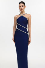 Charger l'image dans la visionneuse de la Galerie, Robe longue gainante moulante bleue Kailani Classic Contour à licou et strass