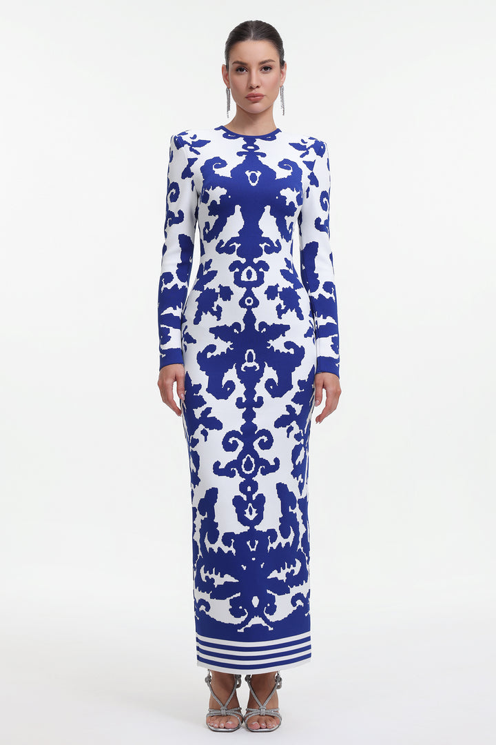 Round Neck Long Sleeve Jacquard Bandage Maxi Dress
