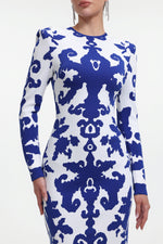 Lade Bild in die Galerieansicht, Round Neck Long Sleeve Jacquard Bandage Maxi Dress