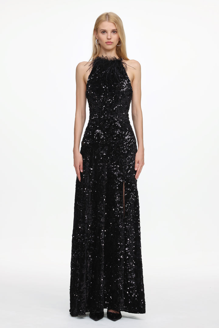 Glamorous Contour Sleeveless Feather Sequin High Slit Velvet Maxi Dress