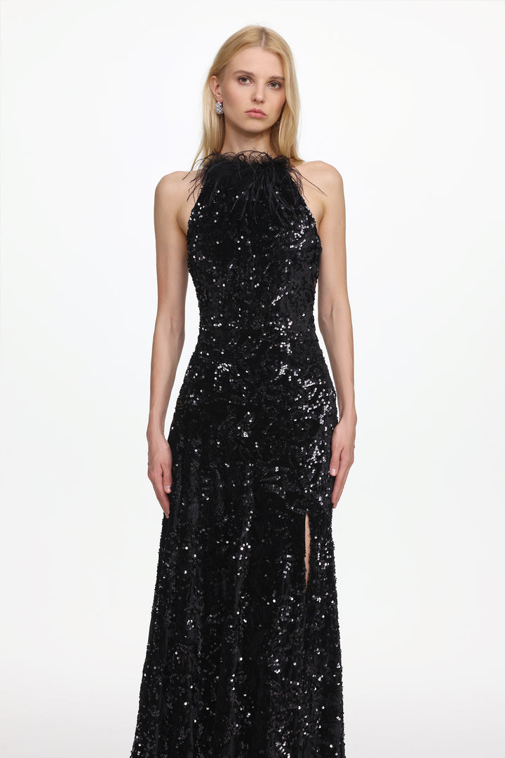 Glamorous Contour Sleeveless Feather Sequin High Slit Velvet Maxi Dress
