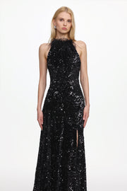 Glamorous Contour Sleeveless Feather Sequin High Slit Velvet Maxi Dress