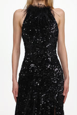 Lade Bild in die Galerieansicht, Glamorous Contour Sleeveless Feather Sequin High Slit Velvet Maxi Dress