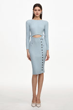 Load image into Gallery viewer, Viomo Chic Contour Round Neck Long Sleeve Buttoned Knit Midi Dress