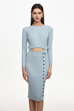 Load image into Gallery viewer, Viomo Chic Contour Round Neck Long Sleeve Buttoned Knit Midi Dress