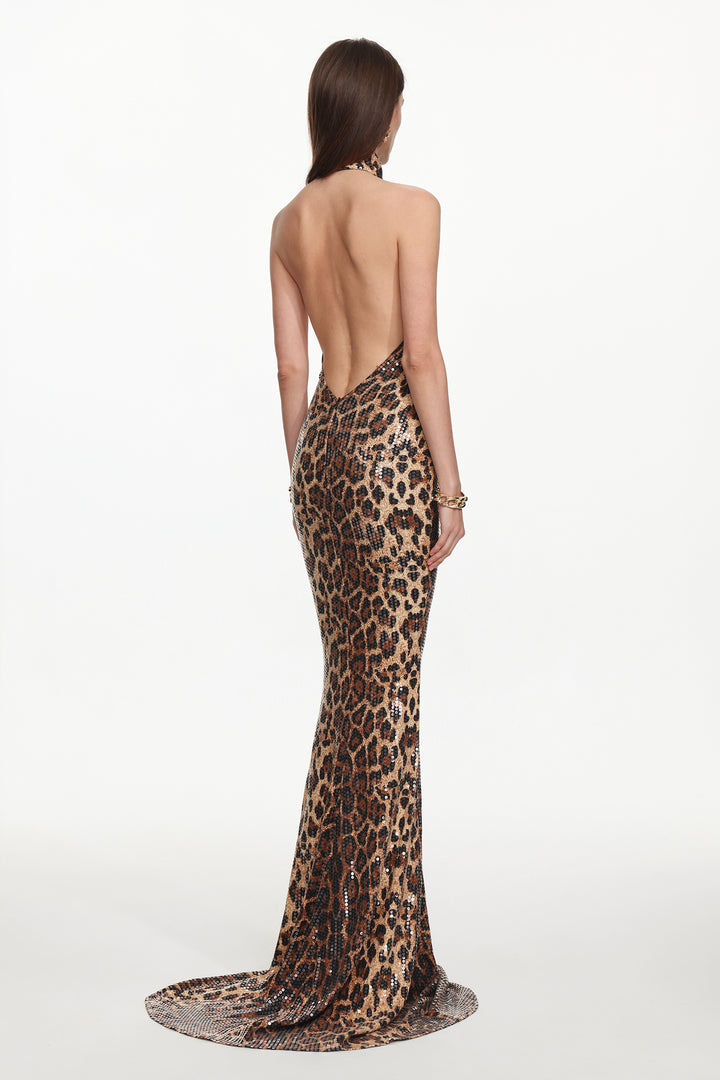 Myka Glamorous Contour Halter Leopard Print Sequin Maxi Dress
