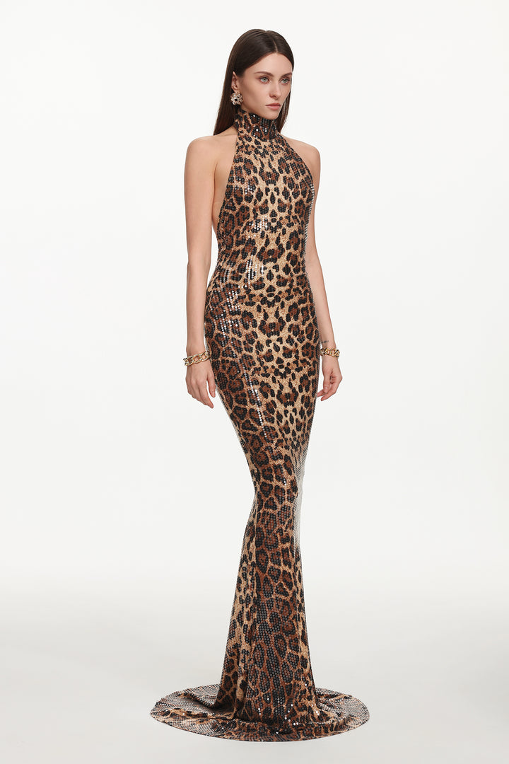Myka Glamorous Contour Halter Leopard Print Sequin Maxi Dress
