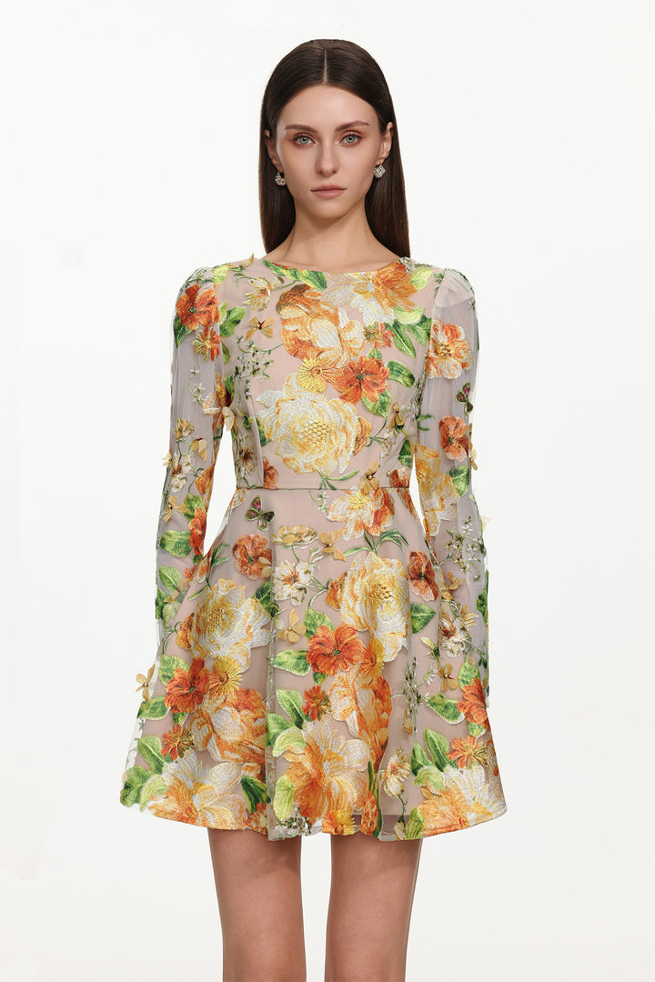 Vicky Romantic Tailored Long Sleeve Embroidered Floral Mini Dress