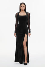 Lade Bild in die Galerieansicht, Rae Elegant  Contour Long Sleeve High Slit Velvet Maxi Dress