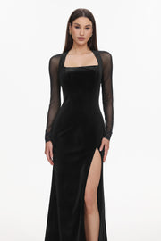 Rae Elegant  Contour Long Sleeve High Slit Velvet Maxi Dress
