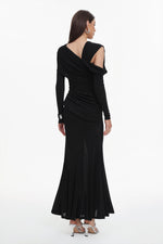 Charger l'image dans la visionneuse de la Galerie, Luysa Elegant Contour One Shoulder Ruched Knit Black Maxi Dress