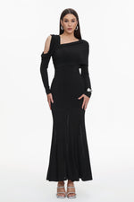 Charger l'image dans la visionneuse de la Galerie, Luysa Elegant Contour One Shoulder Ruched Knit Black Maxi Dress