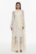 Lade Bild in die Galerieansicht, Deliyn Resort Flowy Long Sleeve Embroidered Mesh Lace Yellow Maxi Dress
