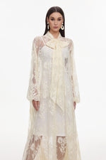 Lade Bild in die Galerieansicht, Deliyn Resort Flowy Long Sleeve Embroidered Mesh Lace Yellow Maxi Dress