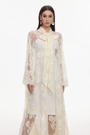 Deliyn Resort Flowy Long Sleeve Embroidered Mesh Lace Yellow Maxi Dress