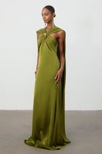 Lade Bild in die Galerieansicht, Olive Green Satin Cape Column Gown