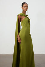 Lade Bild in die Galerieansicht, Olive Green Satin Cape Column Gown