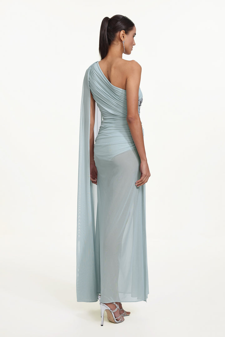 Kaylee Elegant Flowy One Shoulder Sequin Embroidered Ruched Mesh Maxi Dress