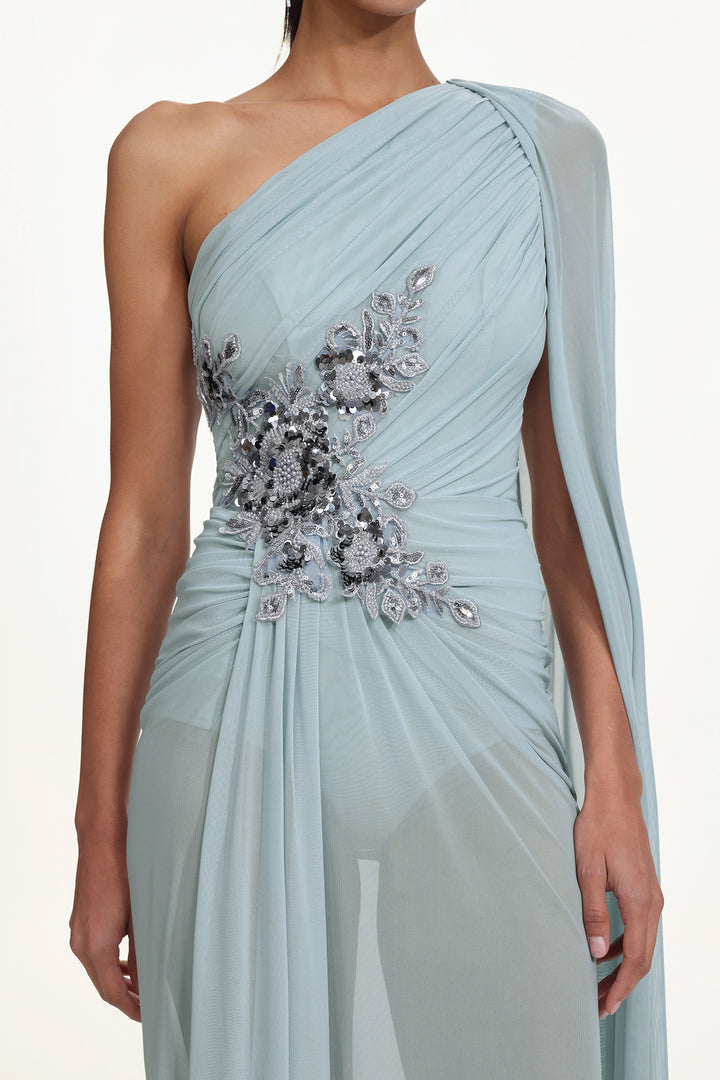 Kaylee Elegant Flowy One Shoulder Sequin Embroidered Ruched Mesh Maxi Dress