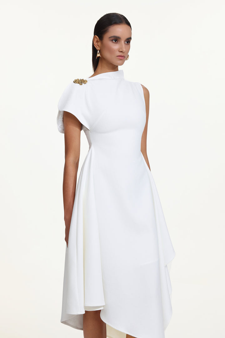 Weren Elegant Contour High Neck Asymmetric Maxi Dress