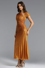 Load image into Gallery viewer, Pora Chic Contour Asymmetric Ruched Crystal Knit Maxi Dress