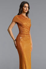 Load image into Gallery viewer, Pora Chic Contour Asymmetric Ruched Crystal Knit Maxi Dress