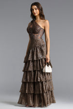 Load image into Gallery viewer, Hedar Romantic Tailored One Shoulder Cut Out Ruffle Embellished Sequin Maxi Dress