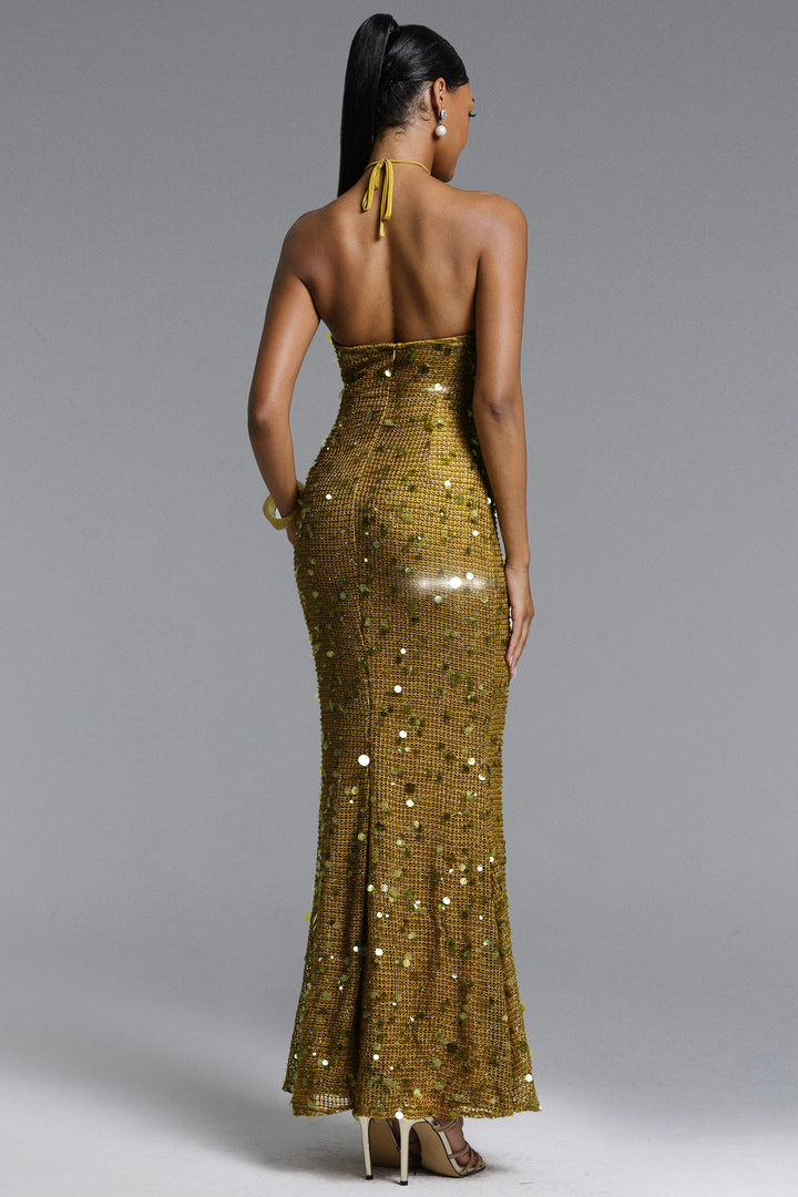Liza Elegant Contour Halter Floral Sequin Maxi Dress