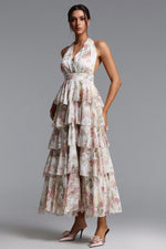 Load image into Gallery viewer, Silas Romantic Flowy Halter Deep V Tiered Ruffle Floral Print Maxi Dress	