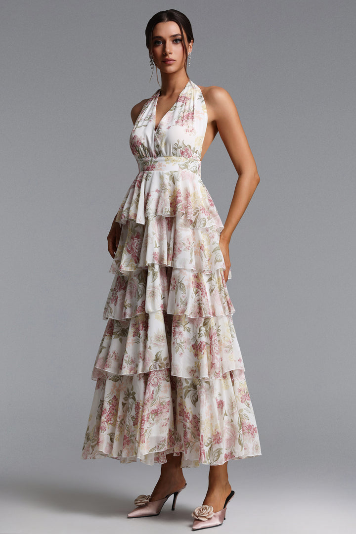 Silas Romantic Flowy Halter Deep V Tiered Ruffle Floral Print Maxi Dress	