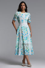 Load image into Gallery viewer, Pillose Resort Cinched Round Neck Short Sleeve Floral Print Lace Green Maxi Dress
